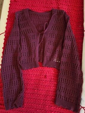 SHEIN Plum Open-Knit Cropped Tie-Front Cardigan